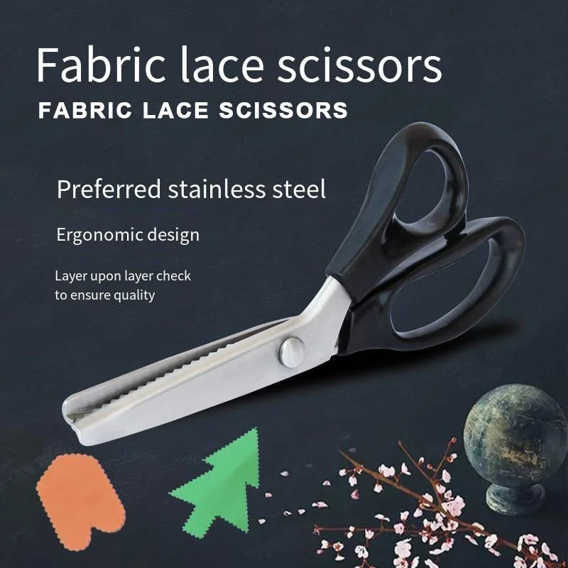 A pair of black fabric lace scissors with a silver blade shown against a dark background.
