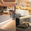 A collection of interior scenes showing USB LED strip lighting in a living room, kitchen, staircase, and bedroom.