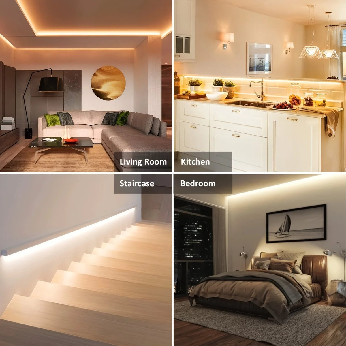A collection of interior scenes showing USB LED strip lighting in a living room, kitchen, staircase, and bedroom.