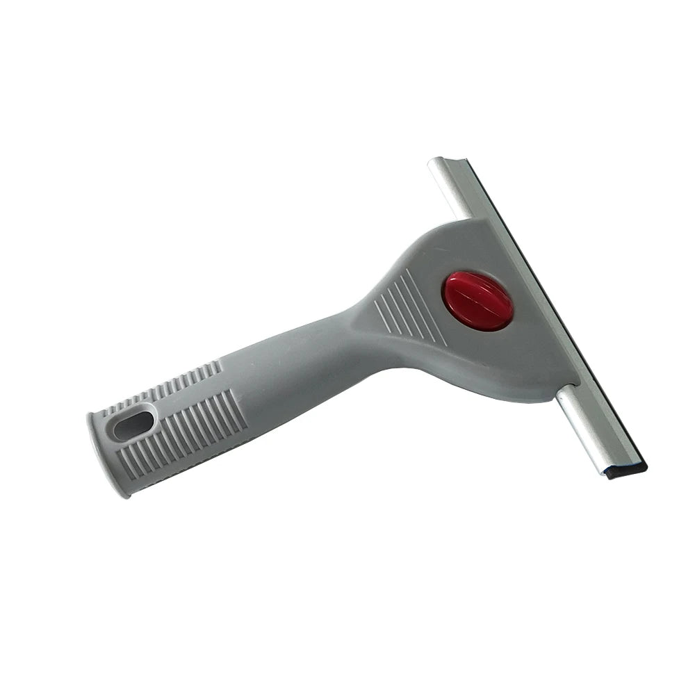 A gray multi-purpose glass cleaning squeegee with a silicone blade and a red switch.