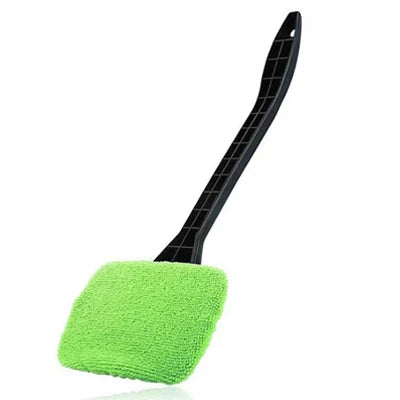 A bright lime green car windshield cleaning brush with a black handle and microfiber pad.