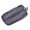 Black leather compact zippered coin purse with a metal key holder attached.