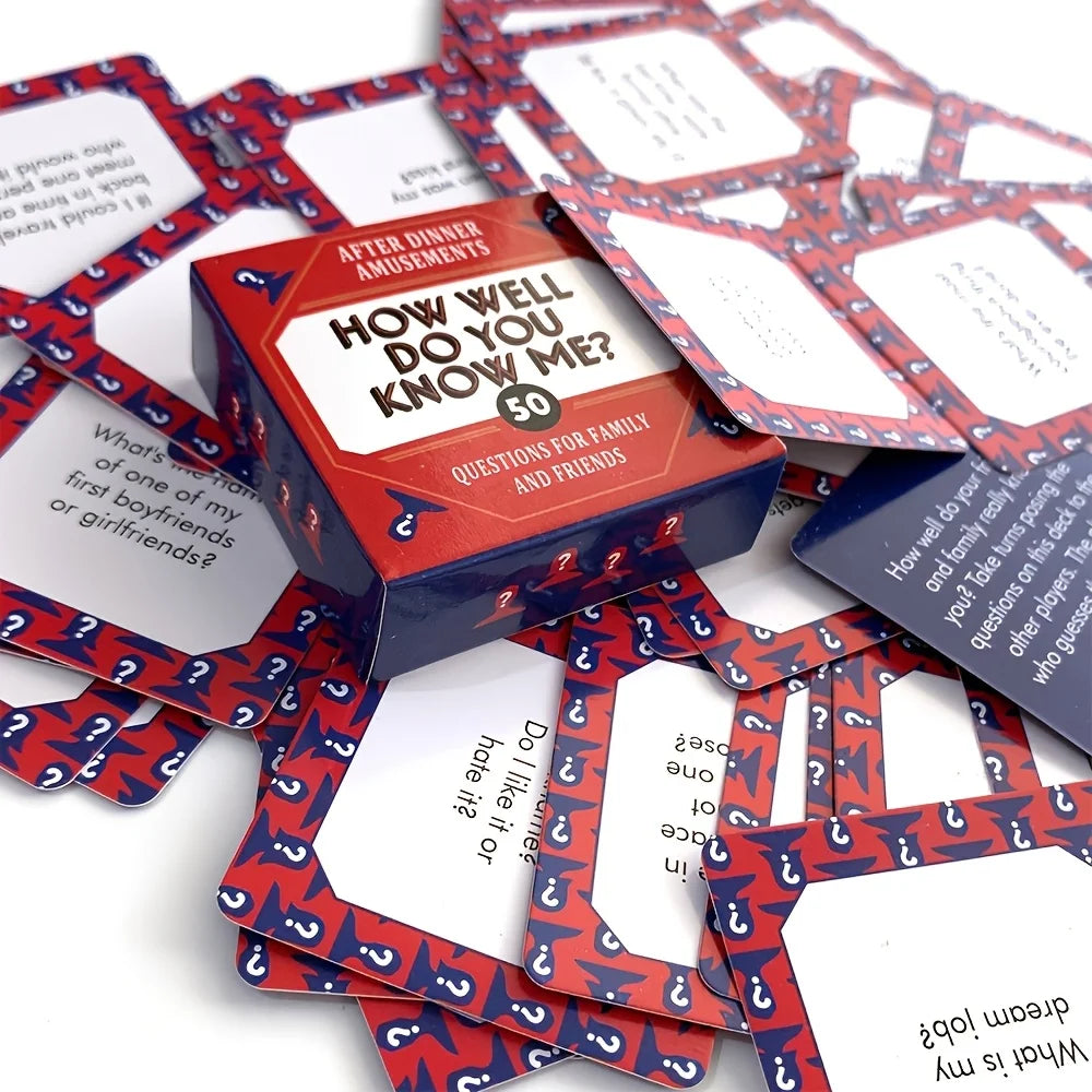 A box of How Well Do You Know Me party game with red and blue cards for family and friends