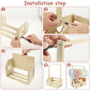 Installation steps showing how to assemble a wooden storage crate with a handle for baby essentials and toys