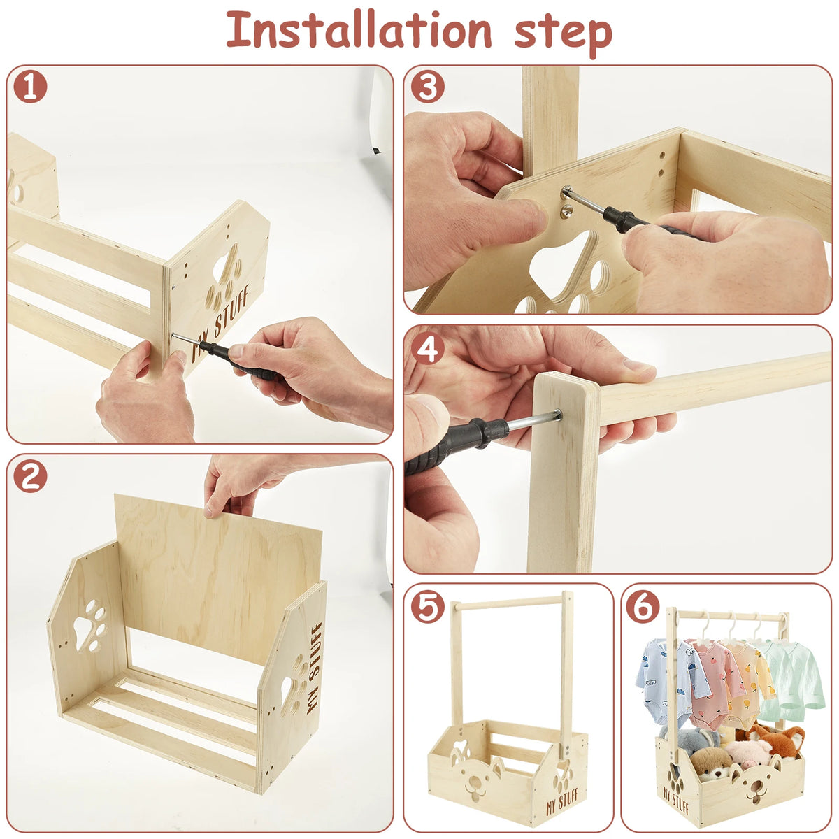 Installation steps showing how to assemble a wooden storage crate with a handle for baby essentials and toys
