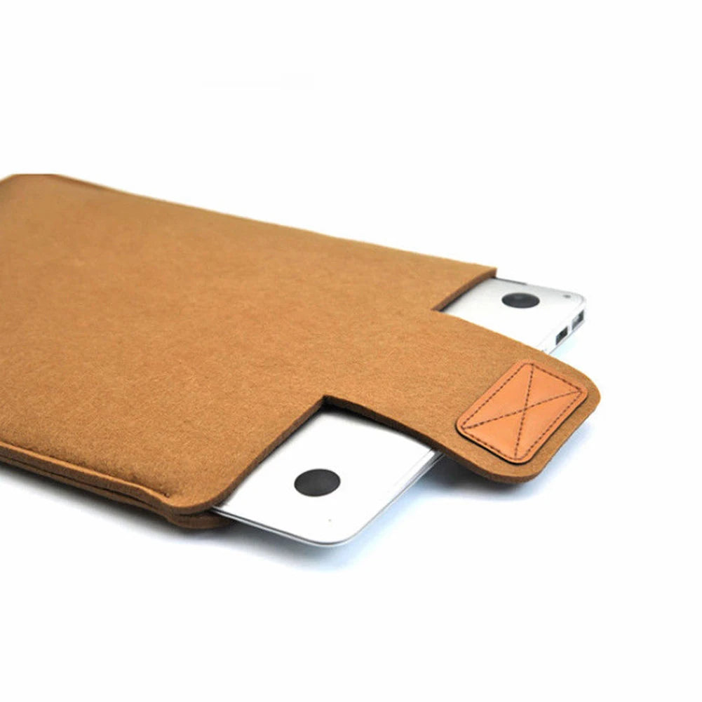 A brown felt laptop sleeve case designed for 11 to 15 inch devices.