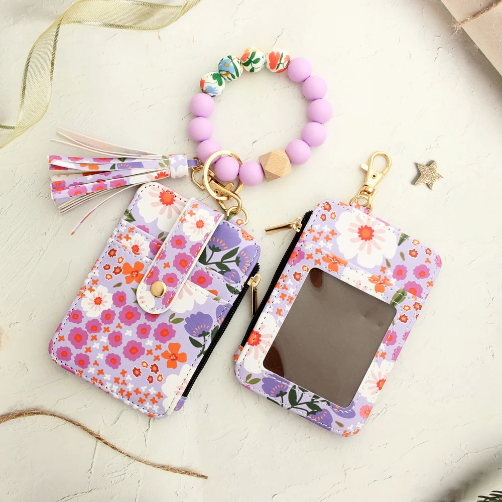 Floral Print PU Leather Wristlet Wallet with Card Holder