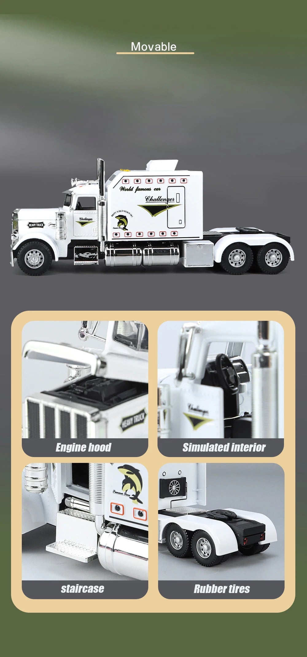 A detailed 1:24 scale diecast model of a Peterbilt 389 heavy truck featuring pull-back action, sound, and lights.