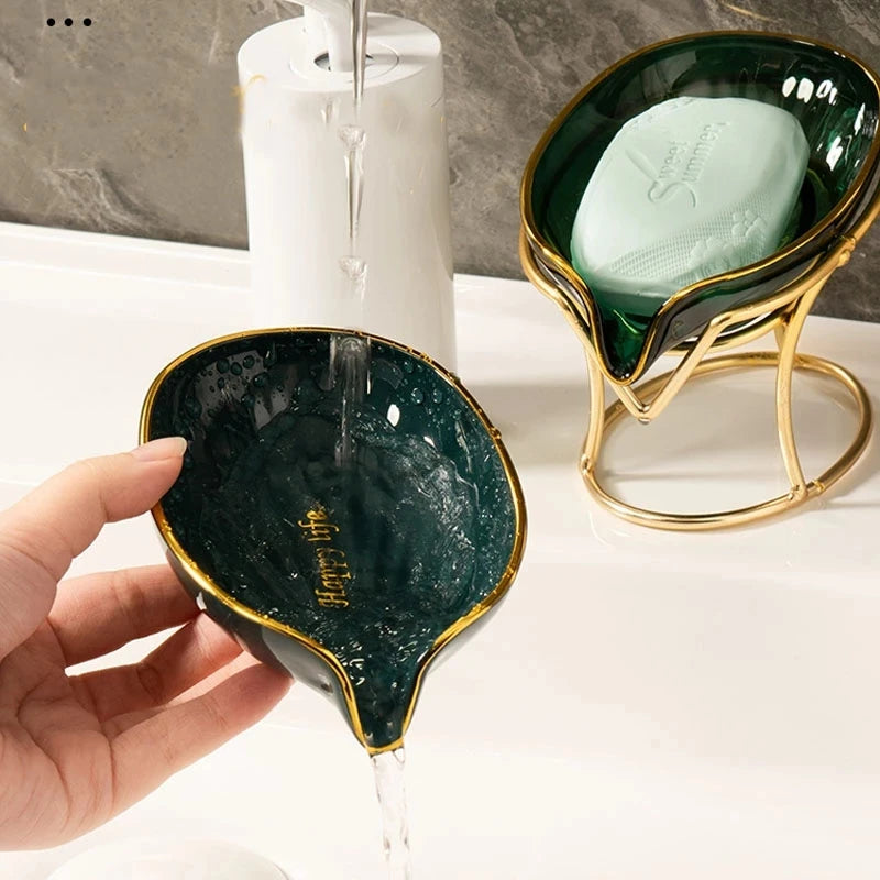 Leaf-Shape Self-Draining Soap Dish with Metal Bracket