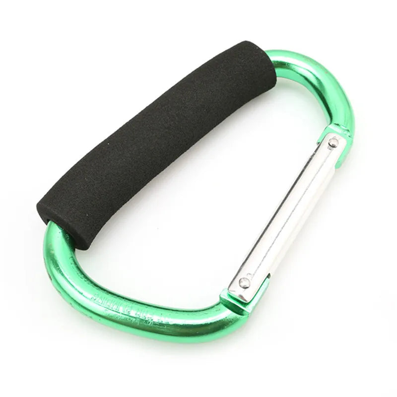 Heavy-duty aluminum stroller hooks featuring a green grip and black comfort strap.