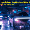 A dark car is driving in the rain with a bright, flexible dynamic scan light strip illuminating its hood.