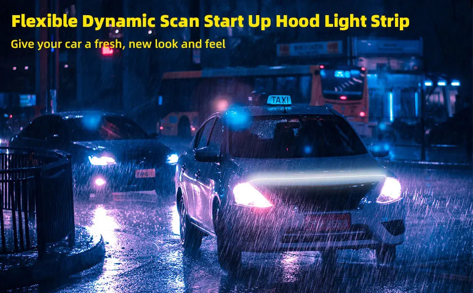 A dark car is driving in the rain with a bright, flexible dynamic scan light strip illuminating its hood.