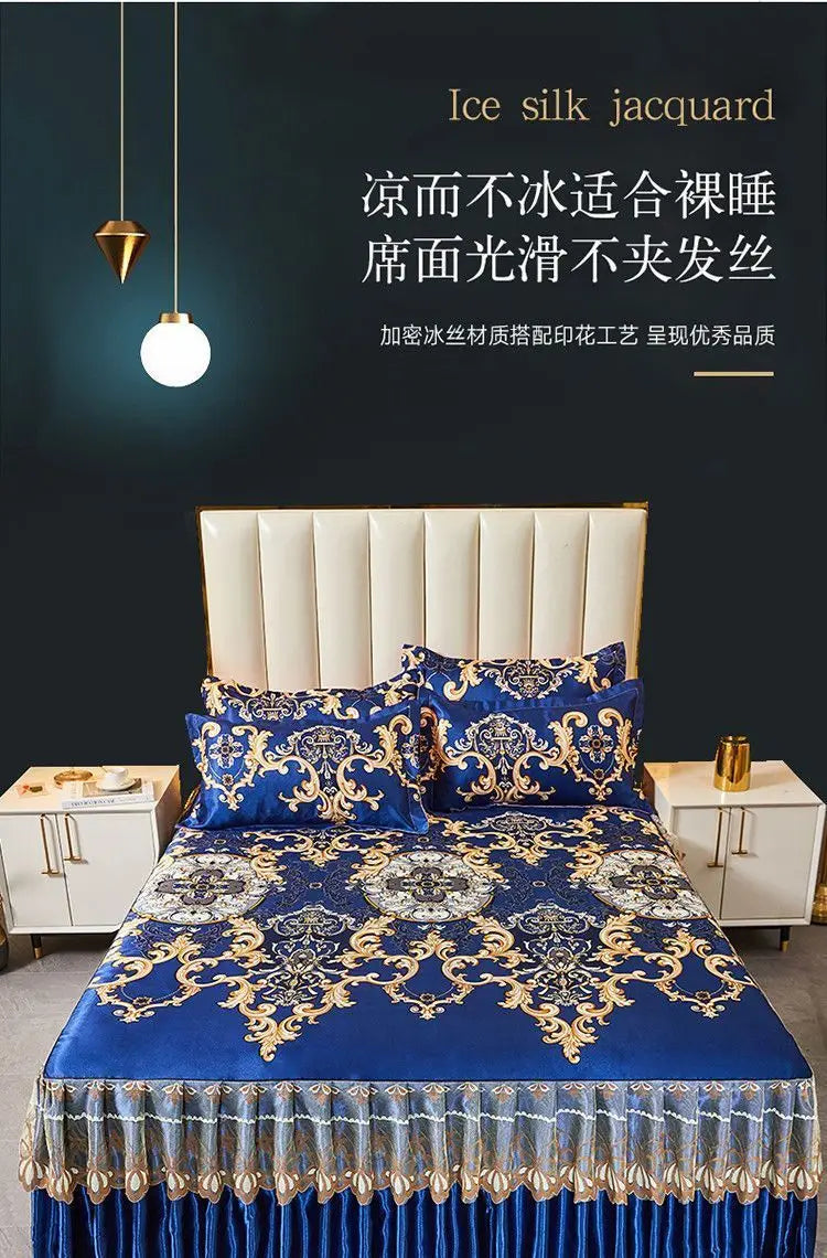 4-Piece Royal Blue Bedding Set with Bed Skirt and Pillow Covers