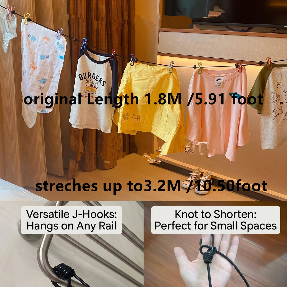 A yellow clothesline with shirts is hanging on a wooden rail, demonstrating the versatile J-hooks for hanging clothes.