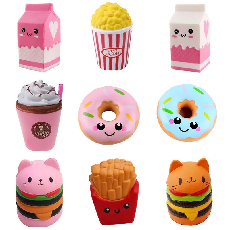 A collection of colorful squishy toys shaped like popcorn, donuts, and a bee for stress relief.