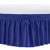 A navy blue adjustable wrap-around bed skirt with elegant ruffles.