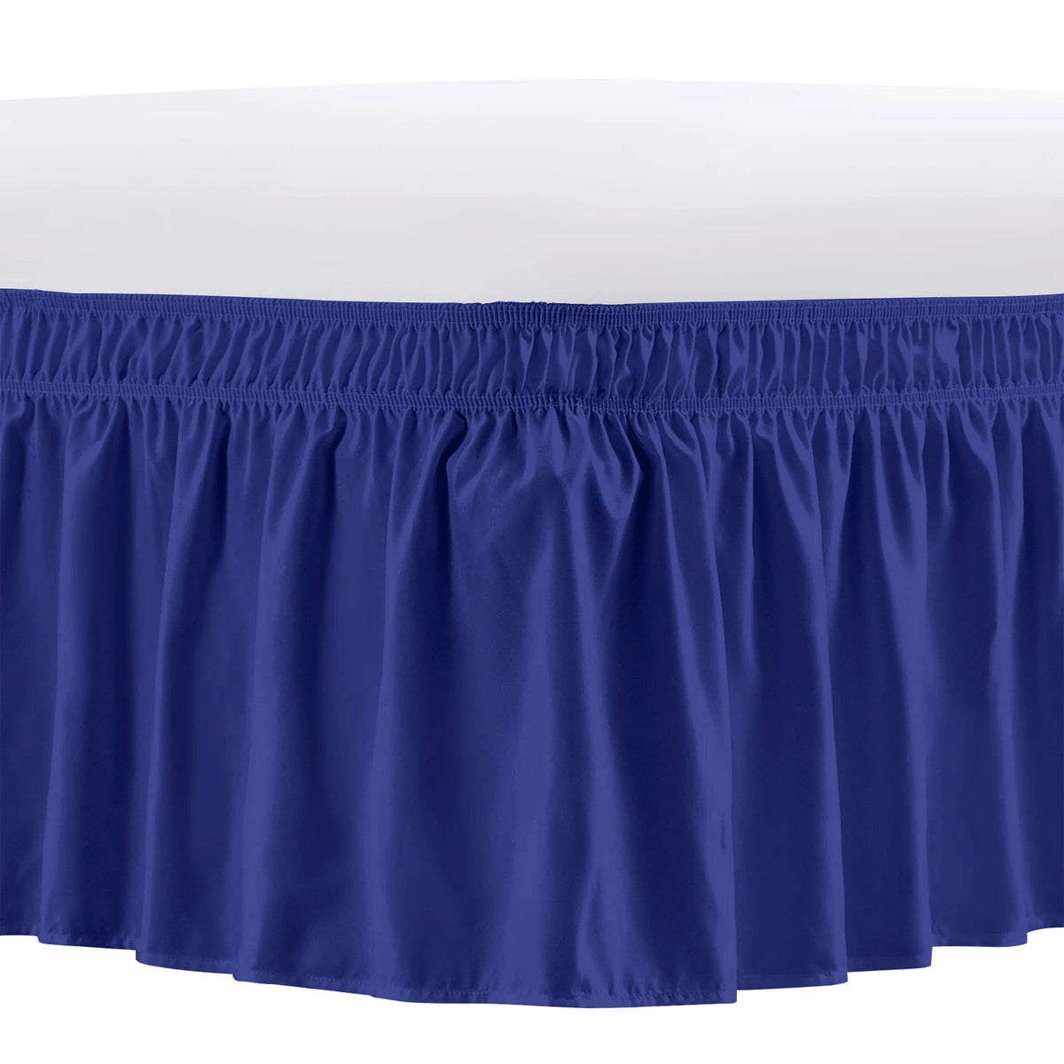 A navy blue adjustable wrap-around bed skirt with elegant ruffles.