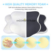 A white memory foam pillow with a dark gray cover is shown alongside illustrations demonstrating its softness and molding to 