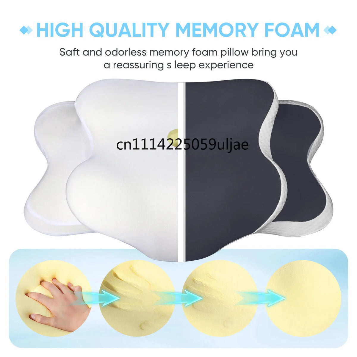 A white memory foam pillow with a dark gray cover is shown alongside illustrations demonstrating its softness and molding to 