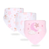 A set of three pink soft cotton baby bibs featuring various cartoon star and crescent moon prints.