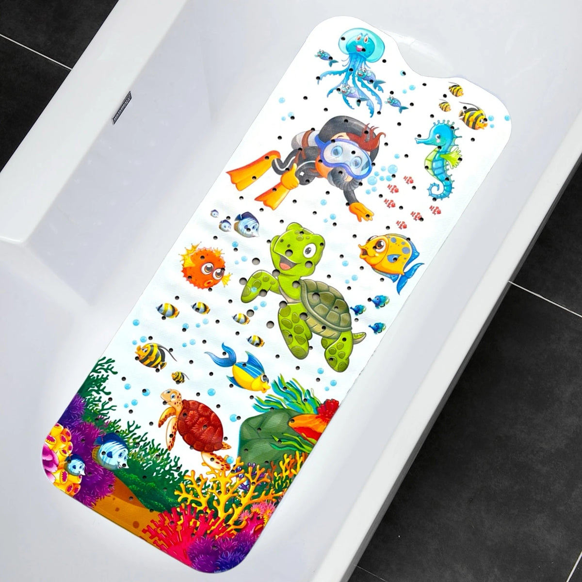 A colorful cartoon bathtub mat featuring various sea creatures and jungle animals with suction cups
