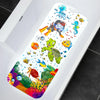 A colorful cartoon bathtub mat featuring various sea creatures and jungle animals for a bathtub.