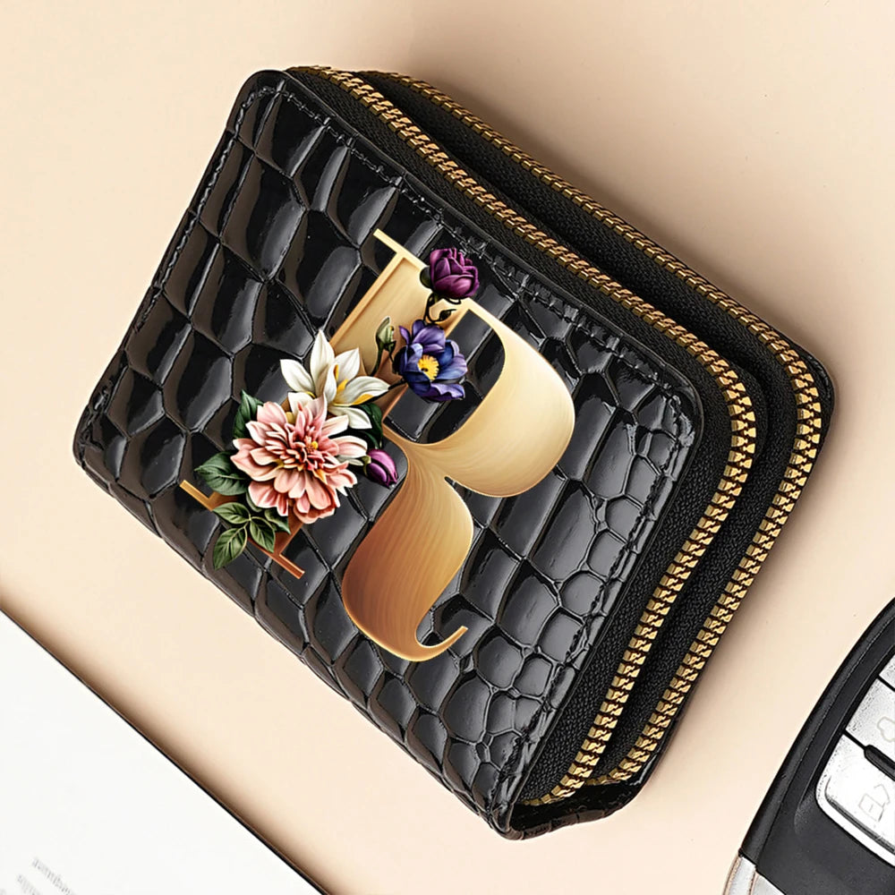 Alphabet Flower Double-Zip Card Wallet with Secure Clasp