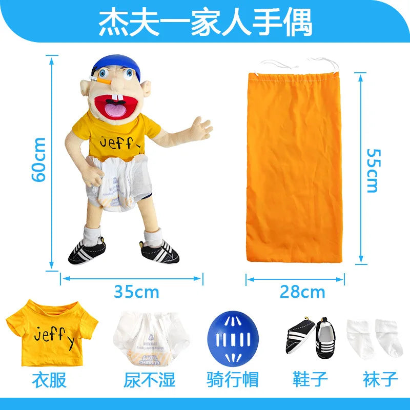 A soft plush Jeffy zombie boy hand puppet toy shown with various accessories.