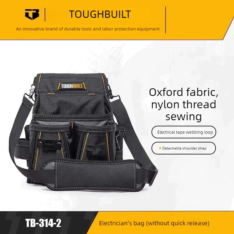 A black ToughBuilt electrician's bag featuring Oxford fabric and nylon thread sewing with multiple pockets.