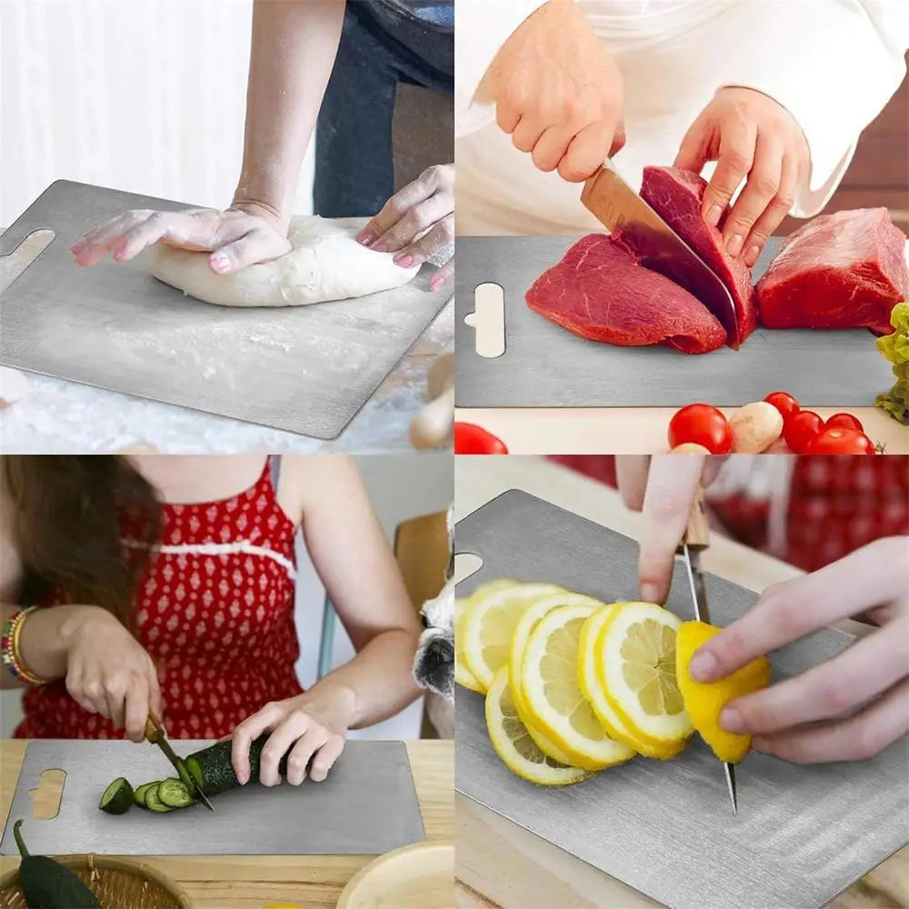 A collection of food preparation shots showing various fruits and meats being cut on a double-sided stainless steel cutting b