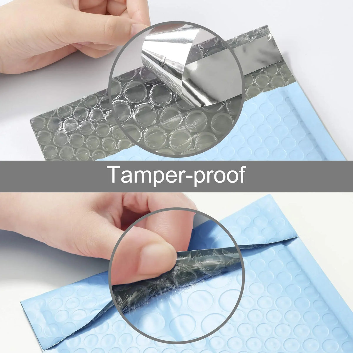 A hand is shown pressing a black, fibrous material into a blue bubble mailer to demonstrate tamper-proof sealing.