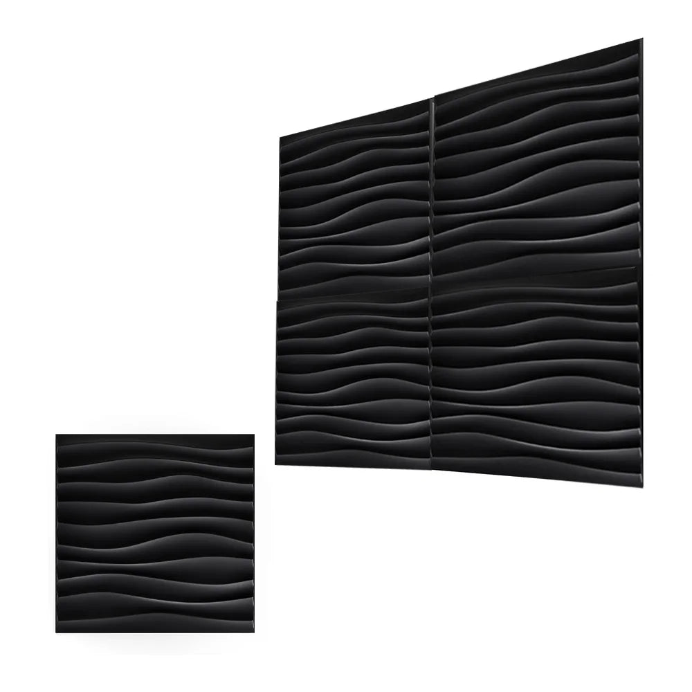 Black textured wall panels with undulating, wavy lines for modern accent wall decor