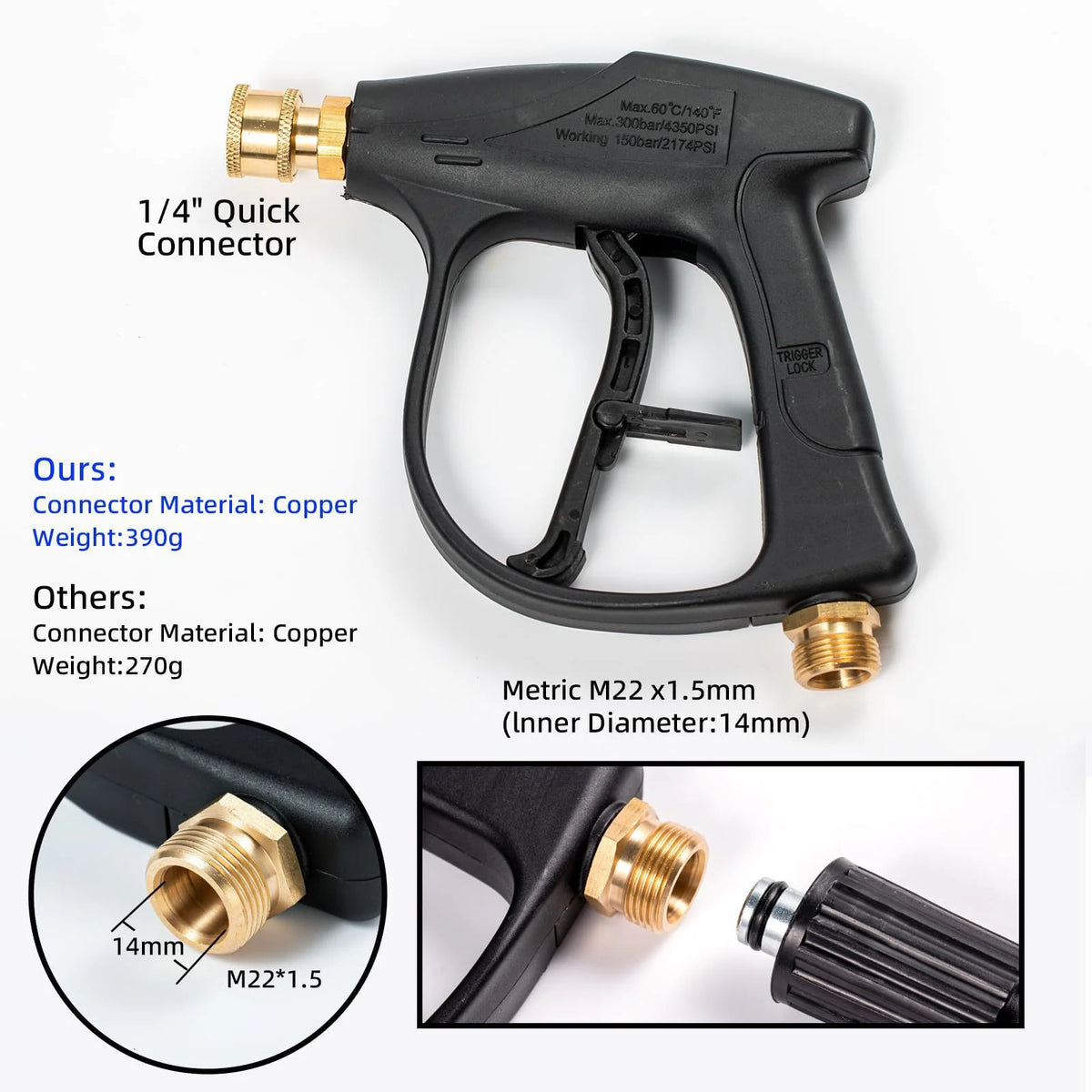 Black high-pressure foam cannon with a 1/4 quick connector and nozzle set components