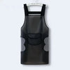 Black waterproof oil-proof kitchen apron hanging against a white background