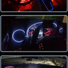 Interior shots of a car showing flexible USB LED light strips illuminating the dashboard and steering wheel.