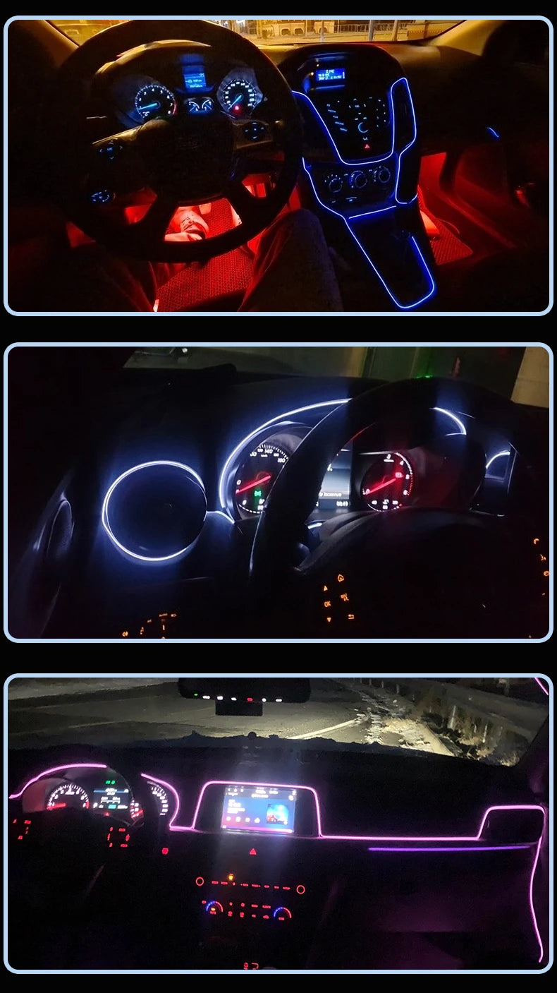 Interior shots of a car showing flexible USB LED light strips illuminating the dashboard and steering wheel.