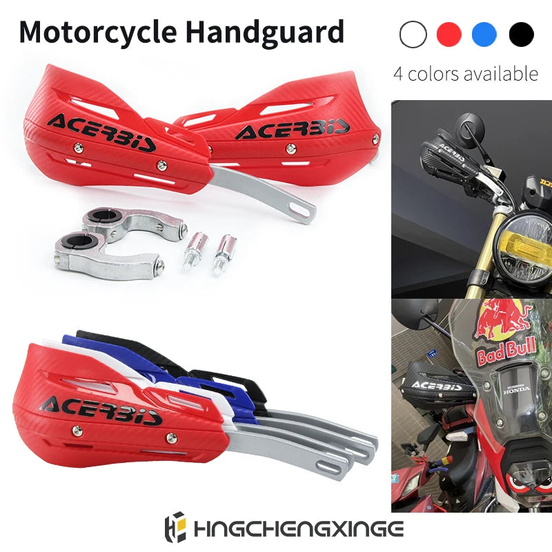 Red motorcycle handguards for Acerbis brand available in multiple colors and mounted on a handlebar.