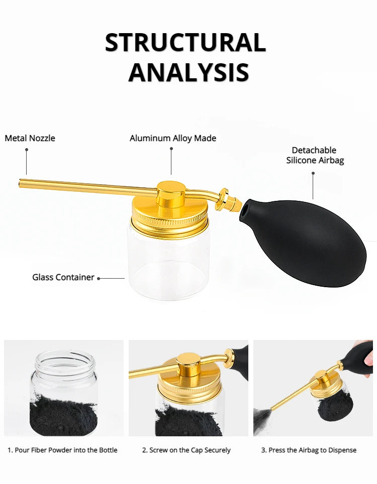 A glass container with a metal nozzle and a detachable silicone airbag for dispensing hair fiber powder.