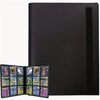 A black premium card binder album with a textured spine is shown open to display colorful collectible cards.