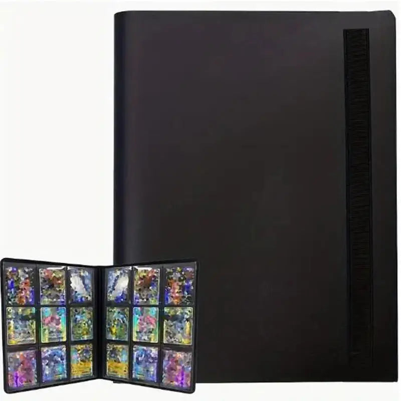 A black premium card binder album with a textured spine is shown open to display colorful collectible cards.