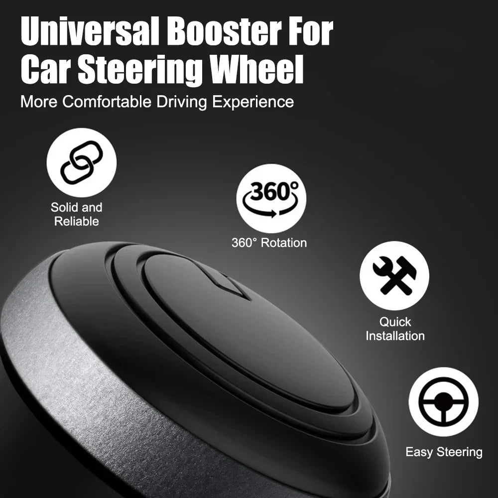 A close-up view of a black 360° rotating steering wheel spinner knob designed for a more comfortable driving experience.