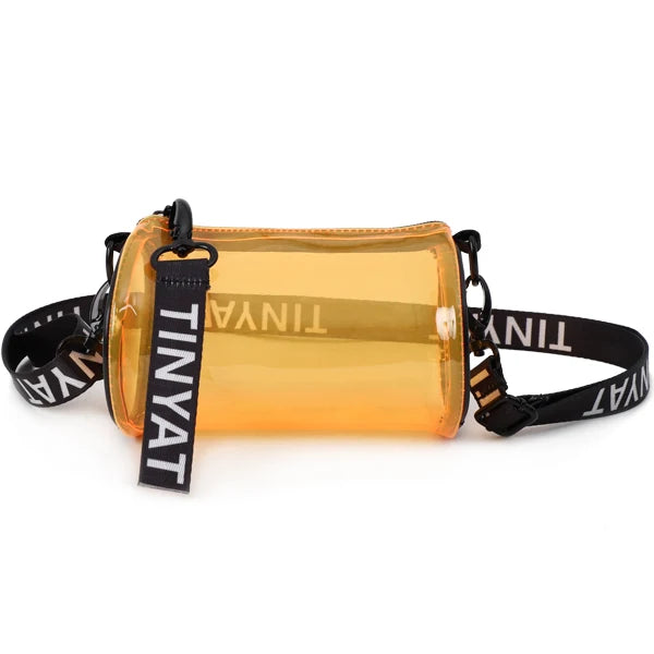 A clear stadium-approved crossbody bag with an adjustable black strap.