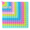 A colorful 5x5 multiplication practice math game board with numbers from 1 to 25.