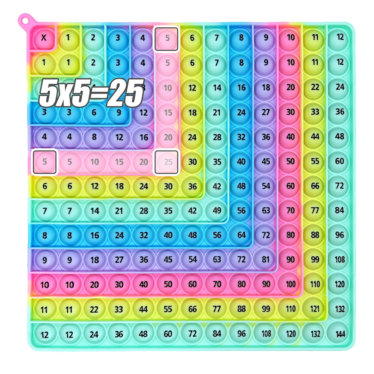 A colorful 5x5 multiplication practice math game board with numbers from 1 to 25.
