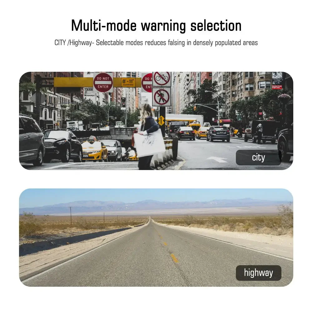 Multi-mode warning selection screen showing city and highway driving contexts.