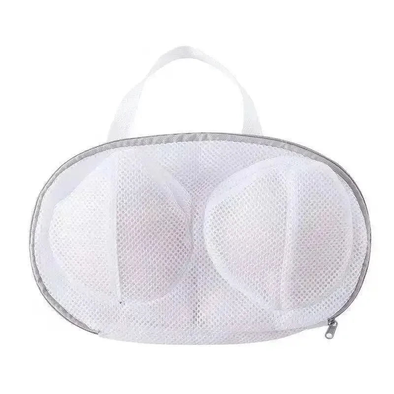 White foldable mesh laundry bag designed for storing bras and lingerie.