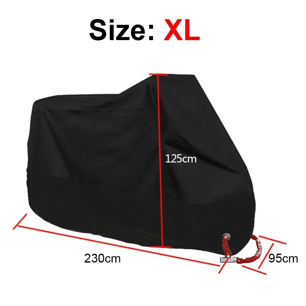 Black XL size all-weather motorcycle cover with anti-theft locks shown in a side profile.