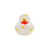 A white rubber duck bath toy with an orange beak and yellow accents.