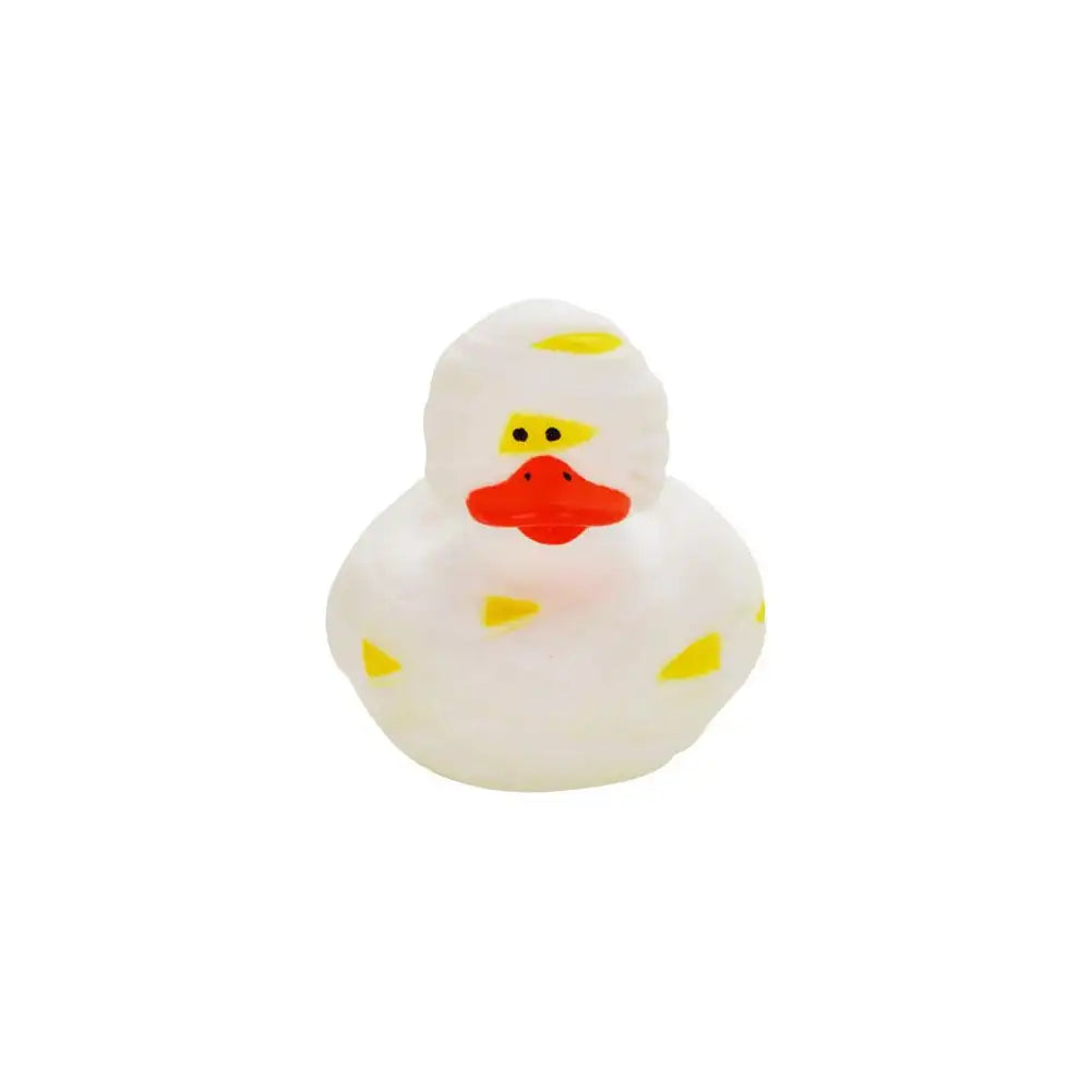 A white rubber duck bath toy with an orange beak and yellow accents.