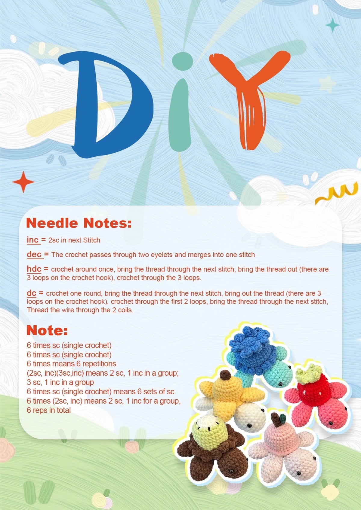 A DIY crochet pattern sheet showing stitch instructions and note examples for creating cute animal and plant projects.